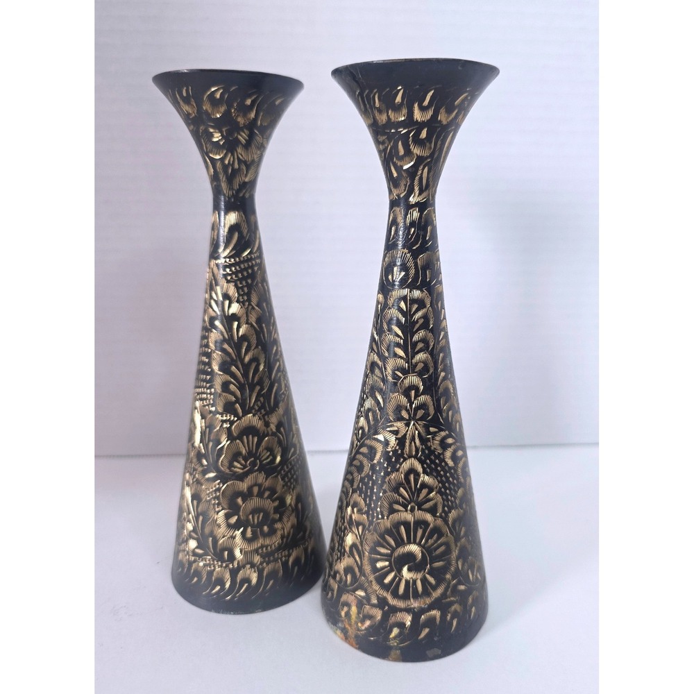 Vintage Etched Brass Candlestick Holders Pair Black Gold Floral India 8 Inch